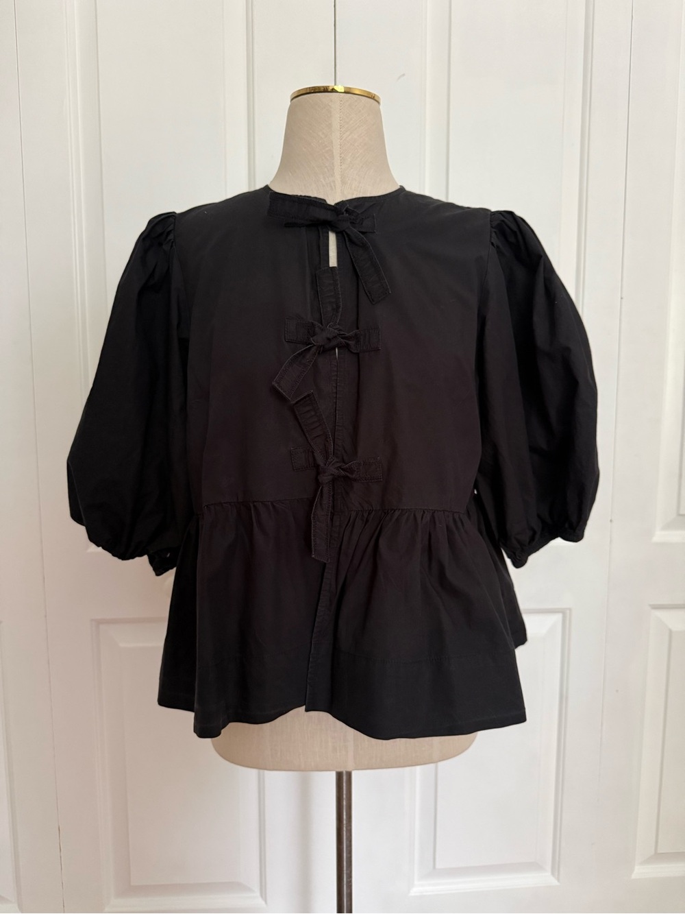 GANNI Black Cotton Puff Sleeve Tie Front Peplum Blouse EU 36 - Small